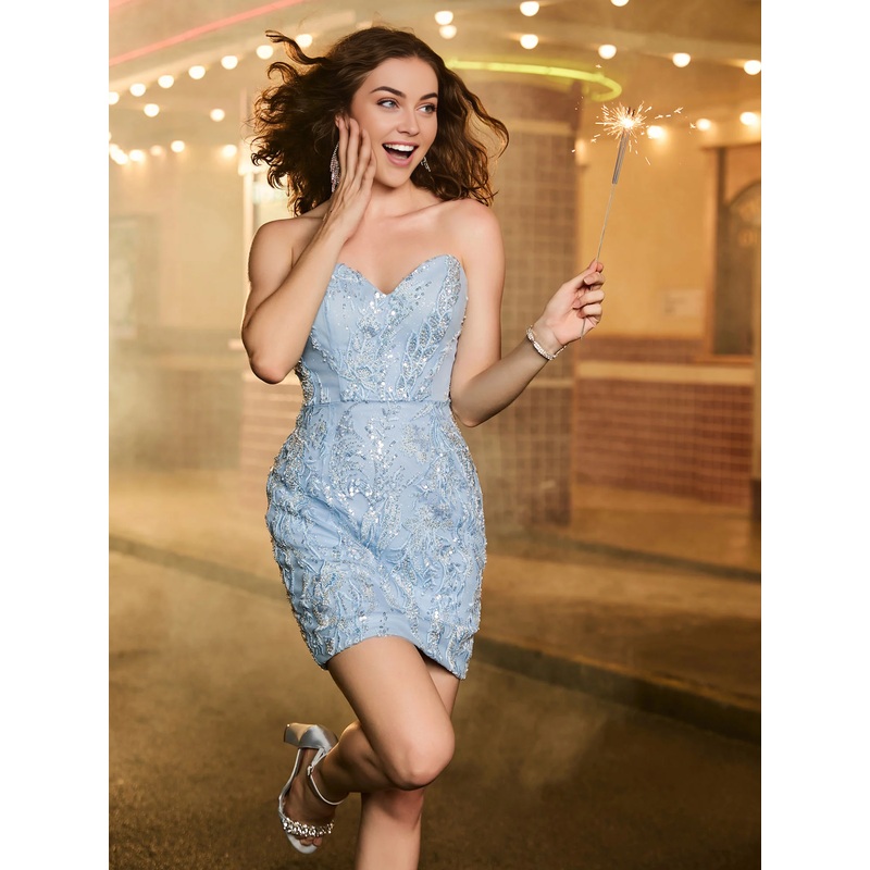 Sky Blue Sweetheart Sequins Appliqued Sheath Homecoming Dress