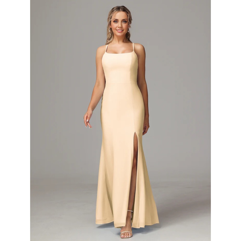 Spaghetti Straps Cross Back Chiffon Long Bridesmaid Dress With Slit