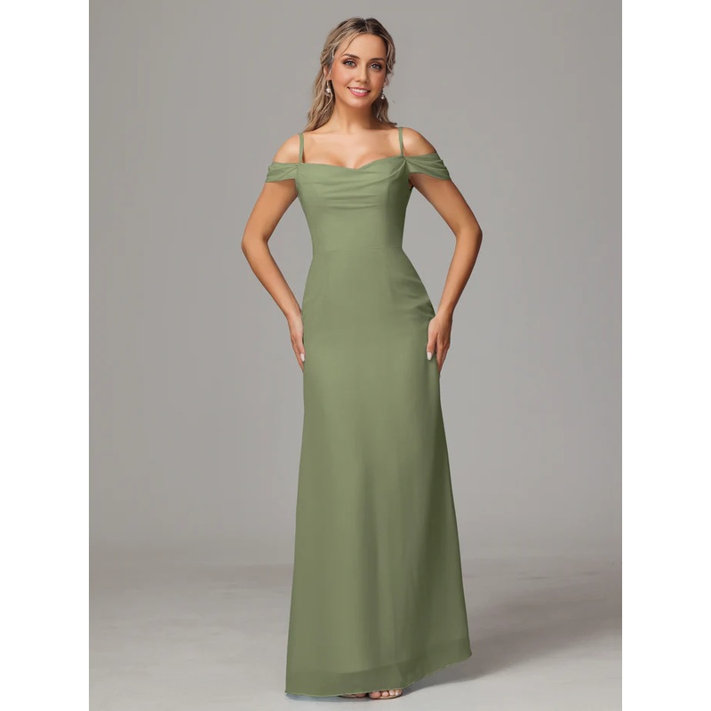 Spaghetti Straps Off The Shoulder Chiffon Long Bridesmaid Dress With Slit