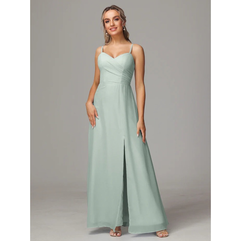 Spaghetti Straps Sweetheart Chiffon Floor-length Bridesmaid Dress With Slit