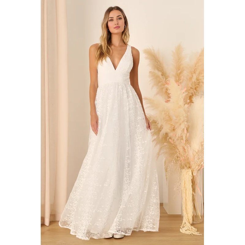 Sweetest White Mesh Embroidered Sleeveless Maxi Dress V-Neck Floor-length Wedding Dresses
