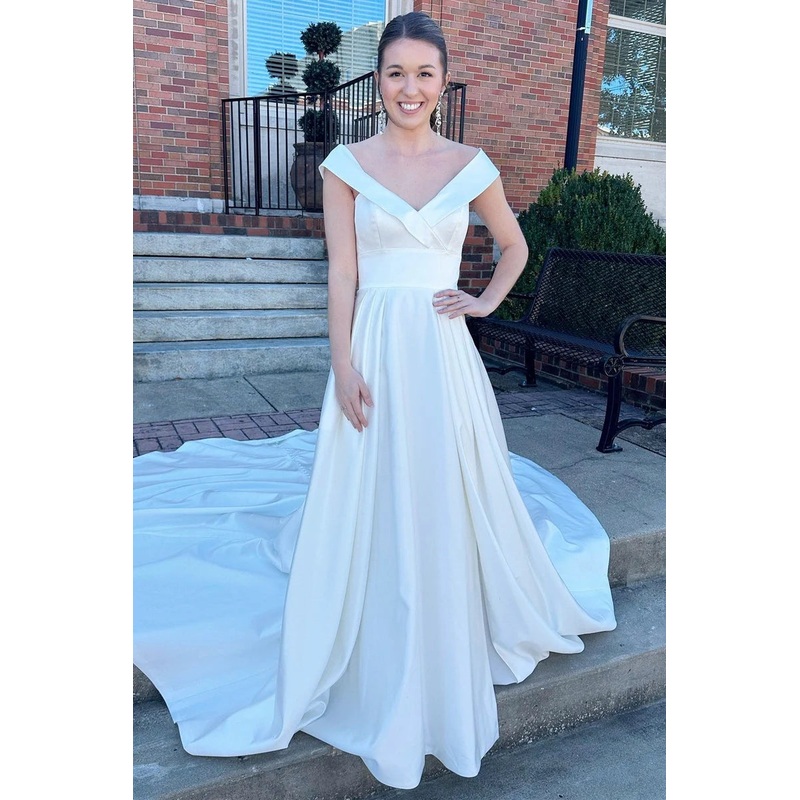 White V-Neck High-Waist A-Line Long Chapel Train Wedding Dress