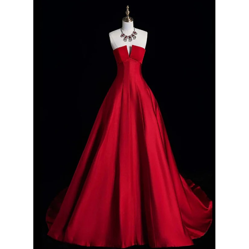A-Line Ballgown Red Simple Satin Long Party Dress Evening Dress Formal Dress