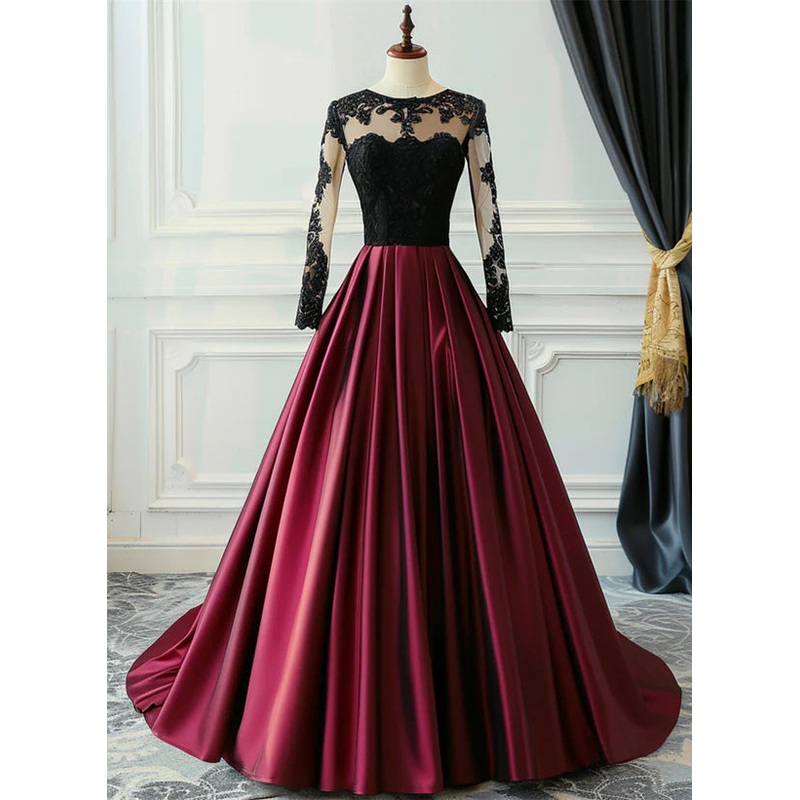 A-Line Ballgown Wine Red Satin with Black Lace Long Sleeves Prom Dress Formal Dress
