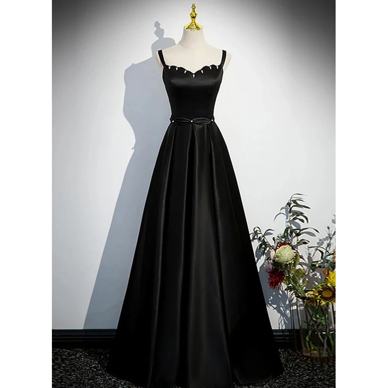 A-line Black Satin Straps Long Formal Dress Simple Prom Dress