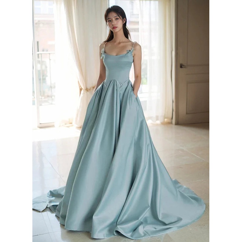 A-Line Blue Satin Beaded Straps Long Evening Dress Ballgown Satin Prom Dress With Sweep Train