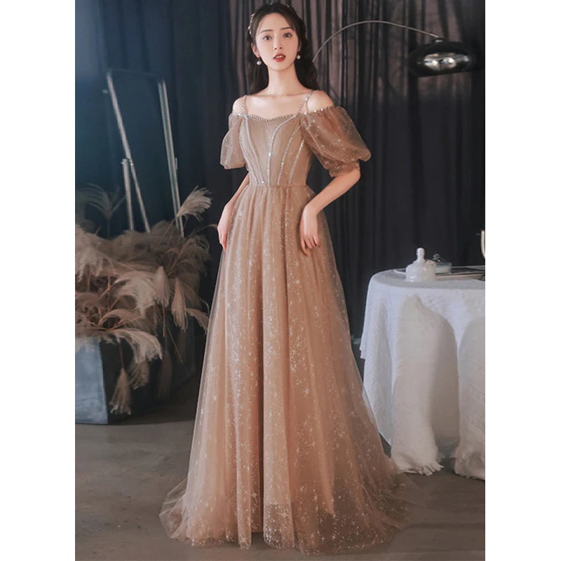 A-line Champagne Tulle Off Shoulder Long Party Dress Formal Dress Prom Dress