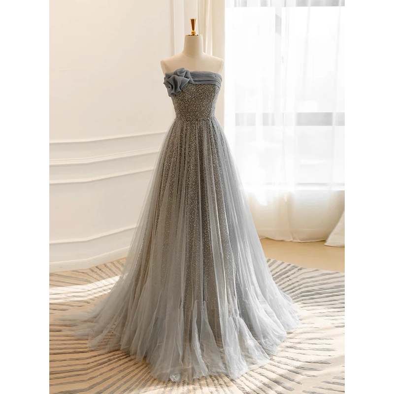 A-Line Gray Tulle Sequin Long Prom Dress Formal Dress With Sweep Train
