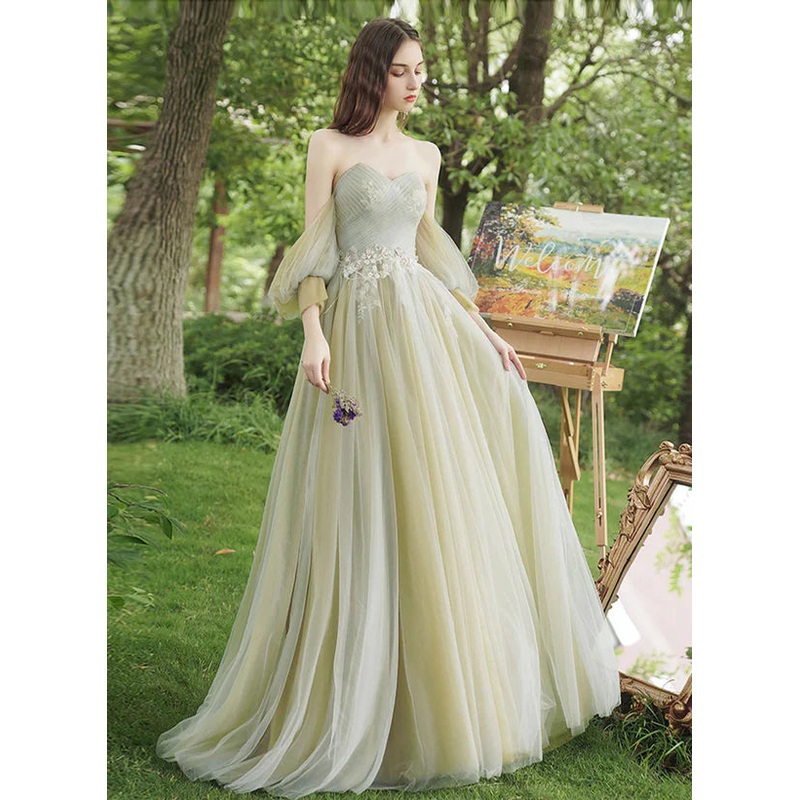A-line Green Tulle Sweetheart Off Shoulder Prom Dress Long Evening Dress