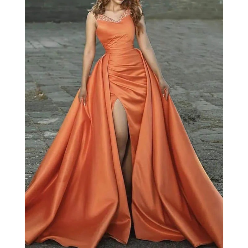 A-Line Mermaid Beaded Ballgown V-neck Orange Satin Prom Dresses With Slit