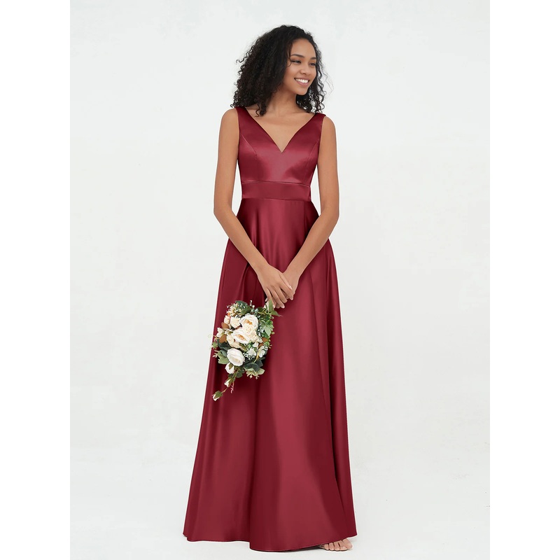 A-Line Princess V-neck Satin Max Dresses Bridesmaid Dresses with Pockets-Burgundy