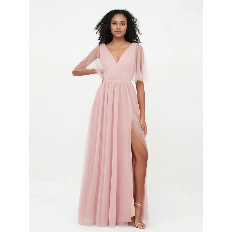 A-line V-neck Tulle Max Dresses with Deep-V Back-Dusty Rose Bridesmaid Dresses