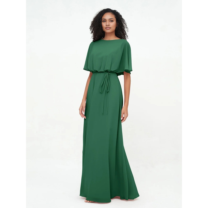Chiffon Full Length Bridesmaid Dresses Simple Dresses with Wrap Dark Green