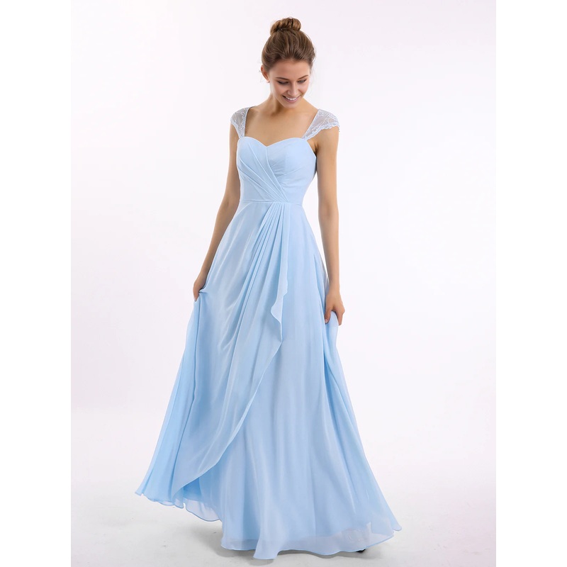 Cute A-Line Chiffon Bridesmaid Dresses with Lace Cap Sleeves-Sky Blue