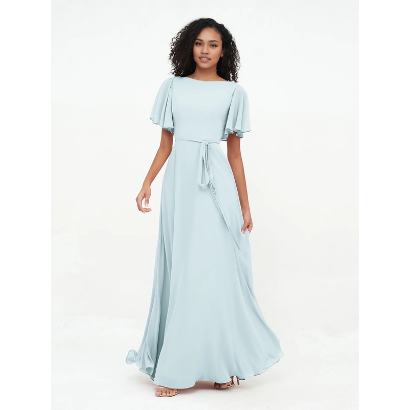 Flutter Sleeves Chiffon Max Dresses Floor-length Bridesmaid Dresses with Sash Bow