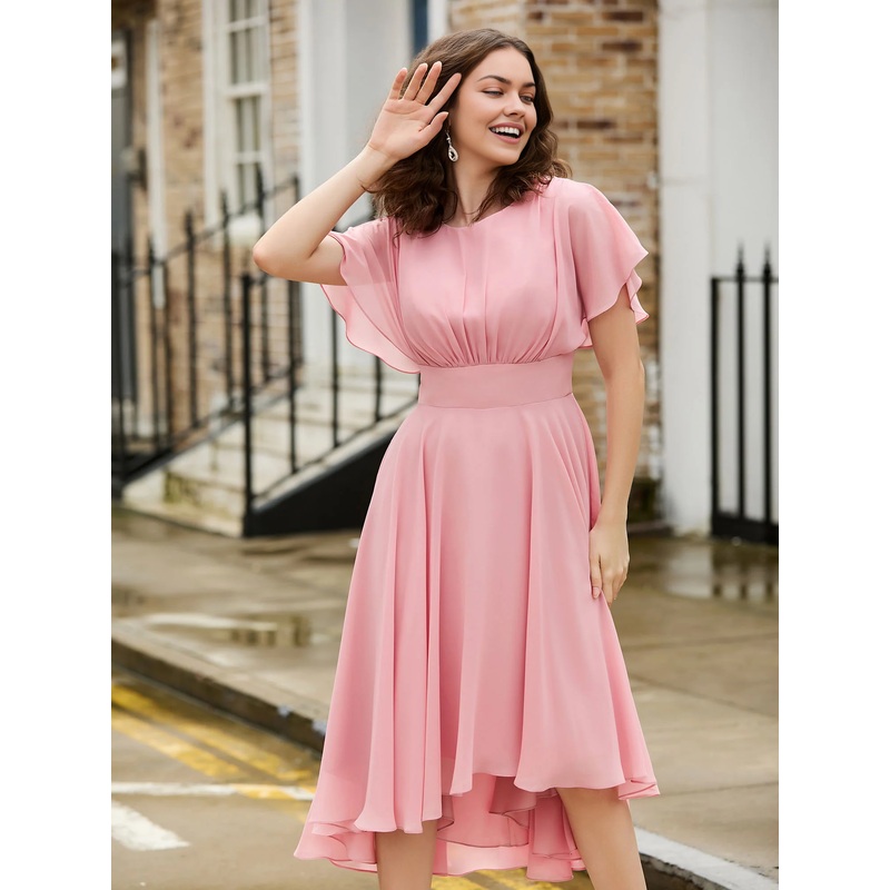 Flutter Sleeves Jewel Neckline Chiffon Dress Dusty Rose Knee-length Bridesmaid Dresses