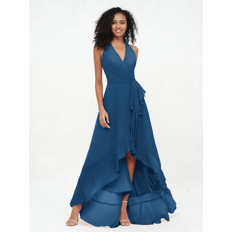 Halter Deep-V Neck Chiffon Asymmetrical High Low Dresses-Ink Blue Bridesmaid Dresses