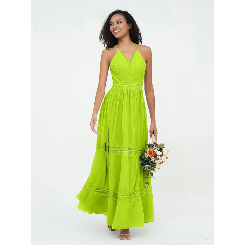 Lace and Chiffon Tiered Skirt Boho Dresses-Lime Green Bridesmaid Dresses