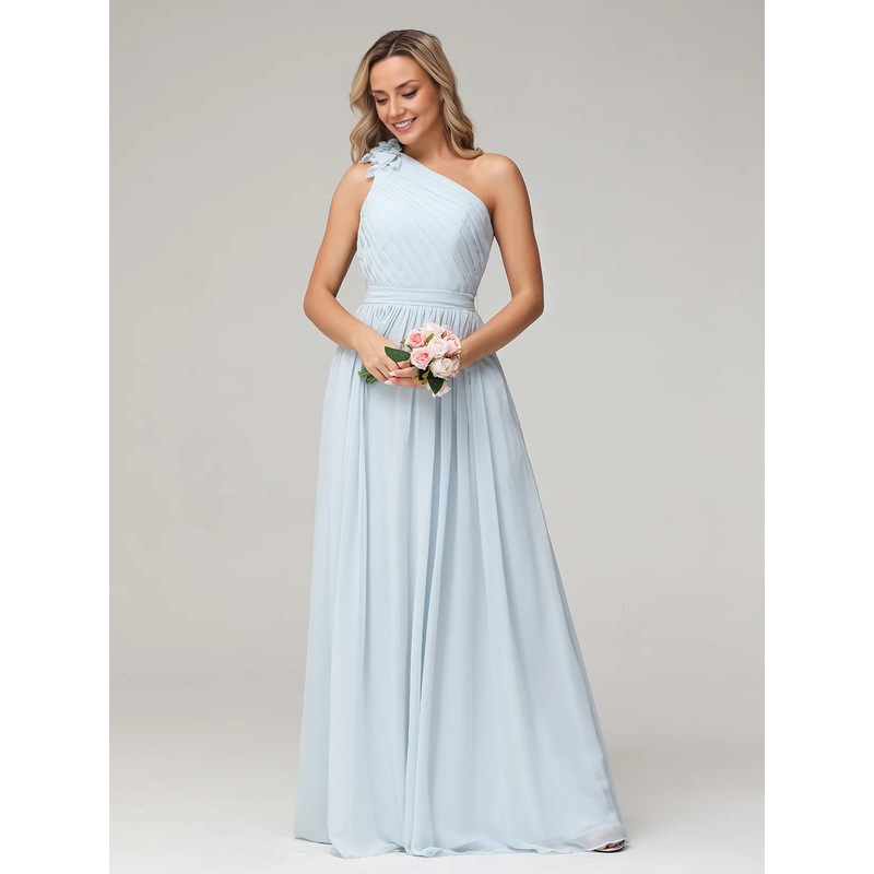 One Flower Shoulder Chiffon Dresses with Pocket Mist Ruched Bridesmaid Dresses