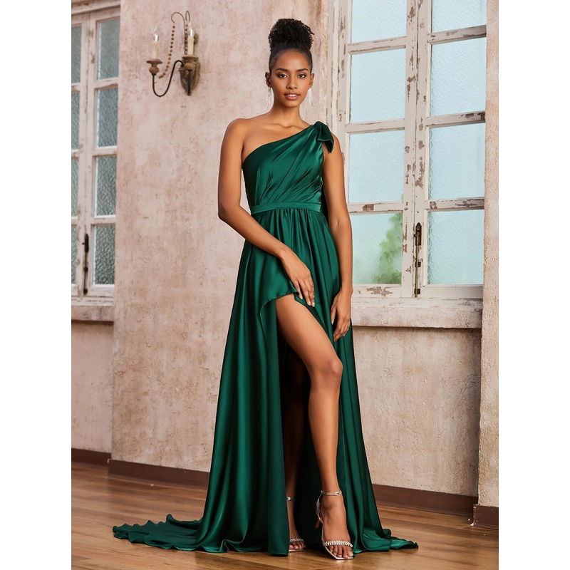 One Shoulder Ruched A-line Long Dress With Ribbons Dark Green Bridesmaid Dresses with Sweep Train