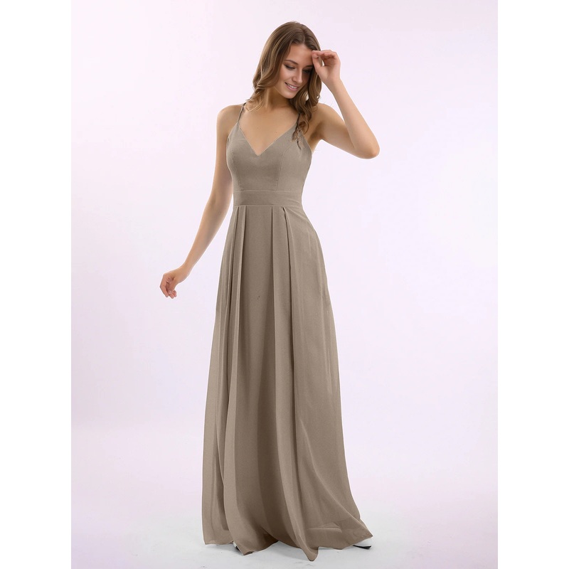 Spaghetti Strap V-neck Chiffon Gowns with Pocket-Taupe Long Bridesmaid Dresses