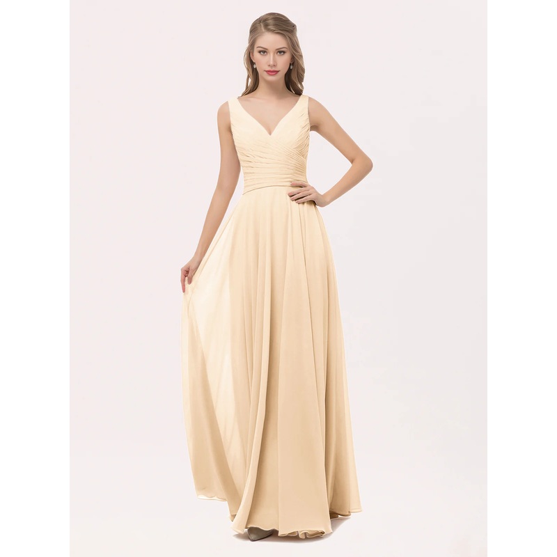 V Neck Long Floor-length Chiffon Dress Bridesmaid Dresses with Bow Peach