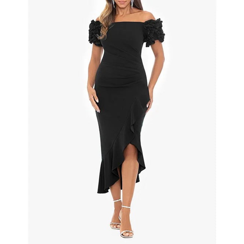 3D Ruffle Off-the-Shoulder Ruffle Front Ruched Detail Midi Dress Cocktail Dresses