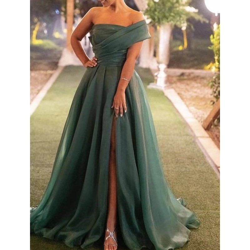 A-Line Chrismas Dress Evening Gown Wedding Guest Prom Sweep / Brush Train Short Sleeve One Shoulder Organza with Ruched Slit
