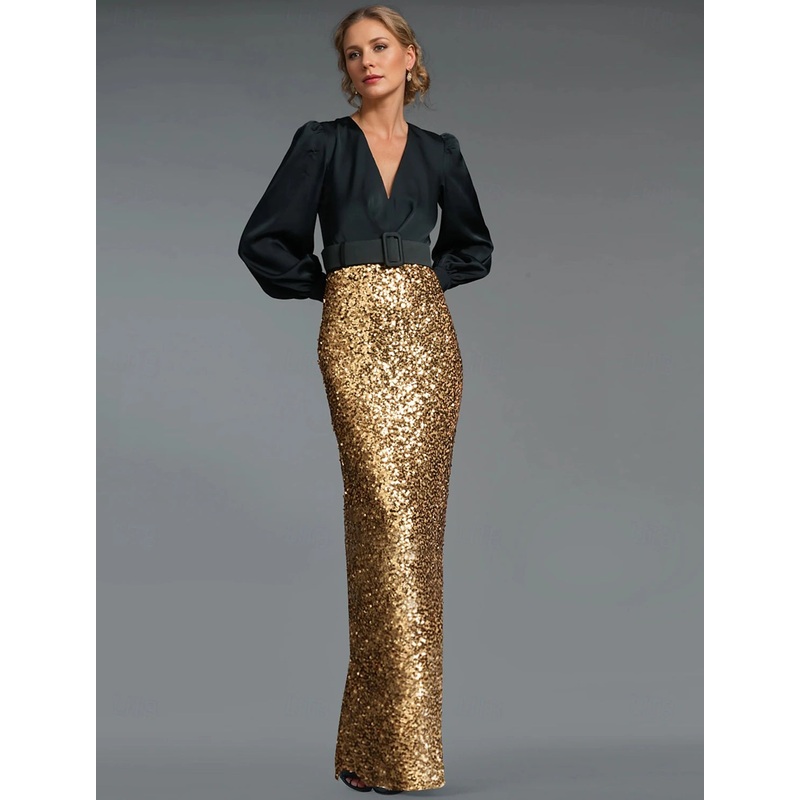 A-Line Evening Gown Black Tie Floor Length Long Sleeve V Neck Belt / Sash Sequined with Slit