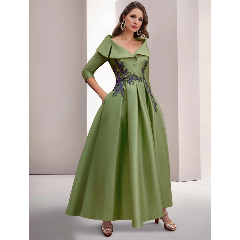 A-Line Evening Gown Elegant Christmas Floor Length 3/4 Length Sleeve Shirt Collar Satin with Appliques