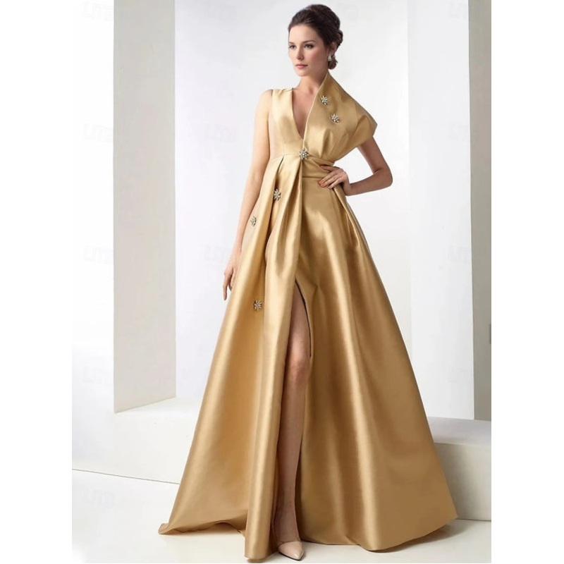 A-Line Evening Gown Elegant Dress Formal Floor Length Sleeveless V Neck Pocket Satin with Rhinestone Beading