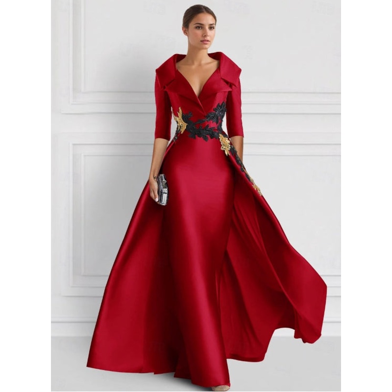 A-Line Evening Gown Elegant Floor Length 3/4 Length Sleeve Shirt Collar Satin with Appliques