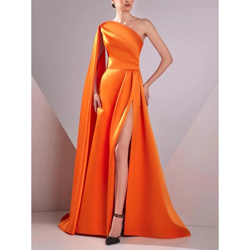 A-Line Evening Gown Elegant Formal Evening Dresses Floor Length Sleeveless One Shoulder Pocket Satin with Ruched