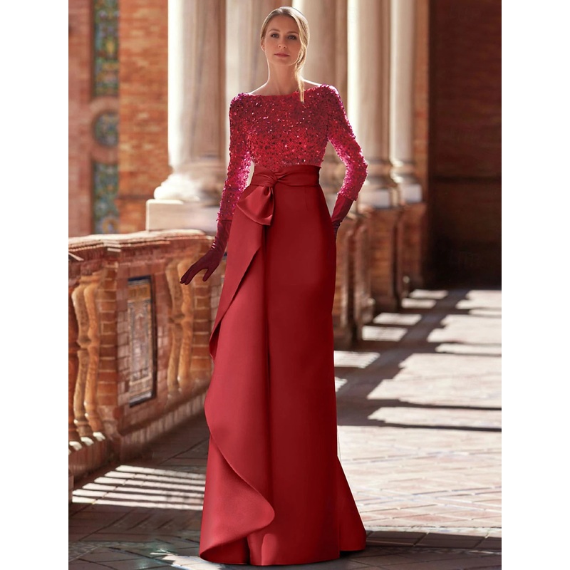 A-Line Evening Gown Elegant  Formal Floor Length Long Sleeve Jewel Neck Satin with Glitter Ruffles