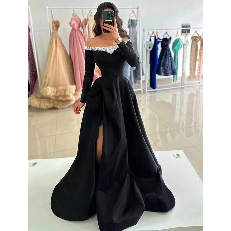 A-Line Evening Gown Floor Length Long Sleeve Off Shoulder Pocket Satin with Pearls