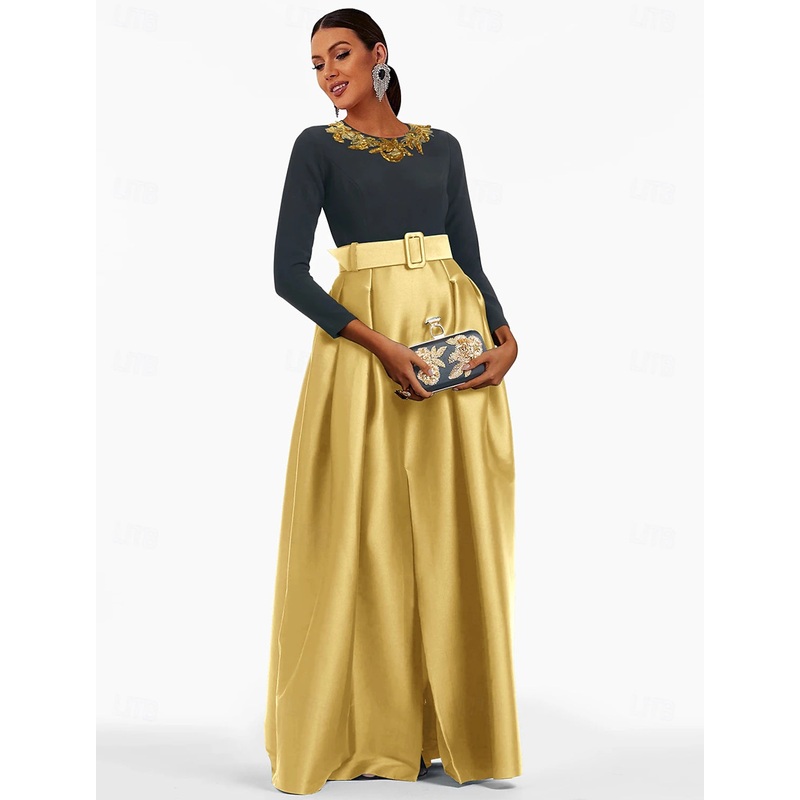 A-Line Evening Gown Formal Christmas Floor Length 3/4 Length Sleeve Jewel Neck Pocket Satin with Glitter Slit