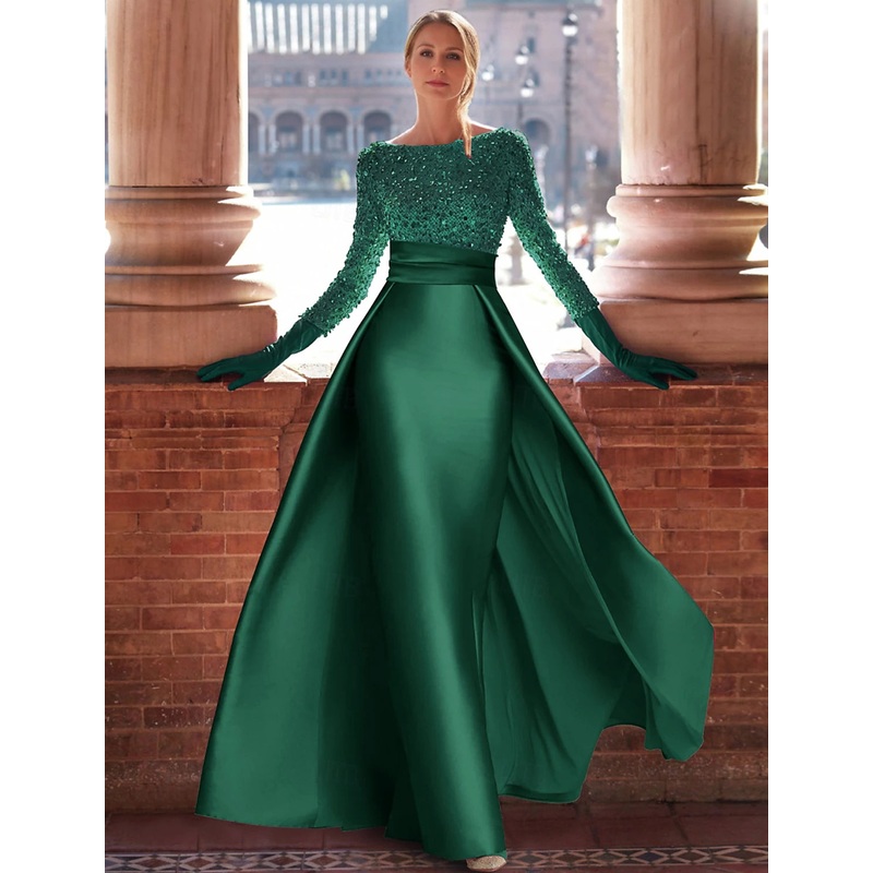A-Line Evening Gown Formal Christmas Floor Length Long Sleeve Jewel Neck Satin with Glitter Slit