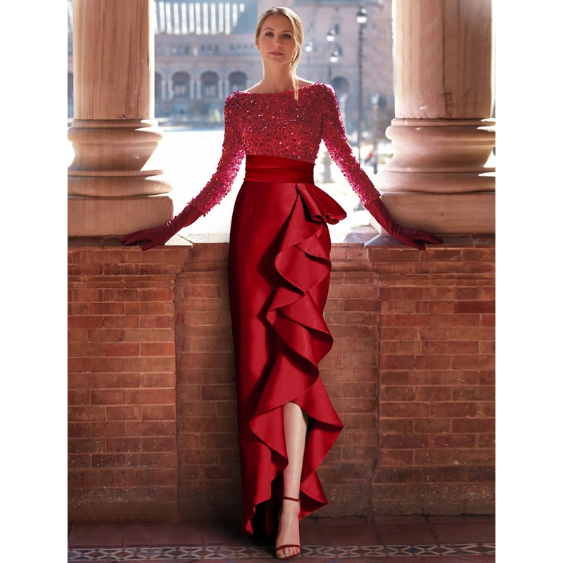 A-Line Evening Gown Formal Christmas Floor Length Long Sleeve Jewel Neck Satin with Ruffles Slit
