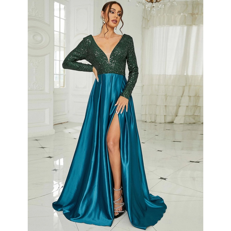 A-Line Evening Gown  Formal Christmas Floor Length Long Sleeve V Neck Satin with Slit