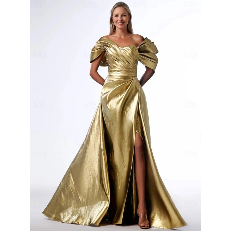 A-Line Evening Gown Formal Christmas Floor Length Short Sleeve Square Neck Pocket Satin with Pleats