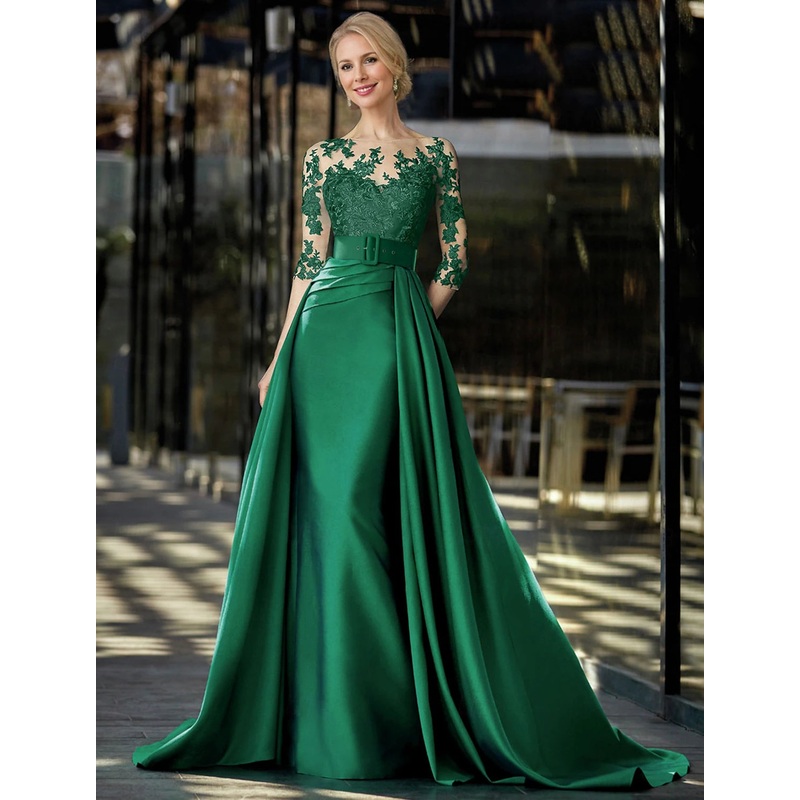 A-Line Evening Gown Formal Christmas Sweep / Brush Train Long Sleeve Jewel Neck Belt / Sash Satin with Appliques