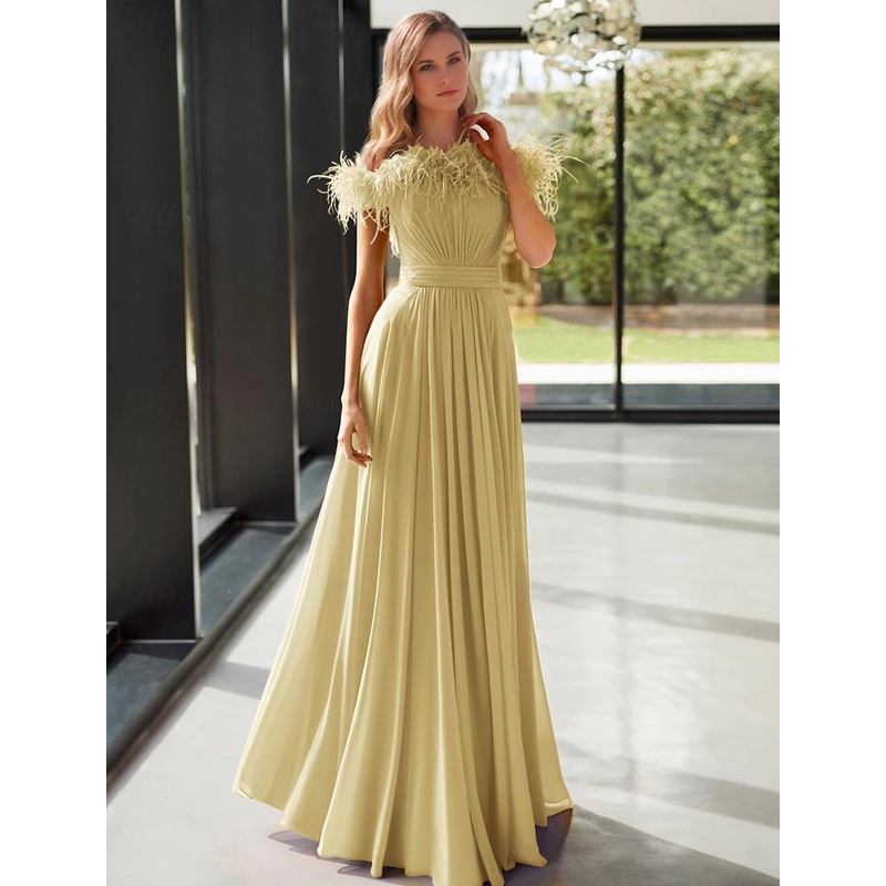 A-Line Evening Gown Formal Floor Length Sleeveless Off Shoulder Stretch Chiffon with Feather
