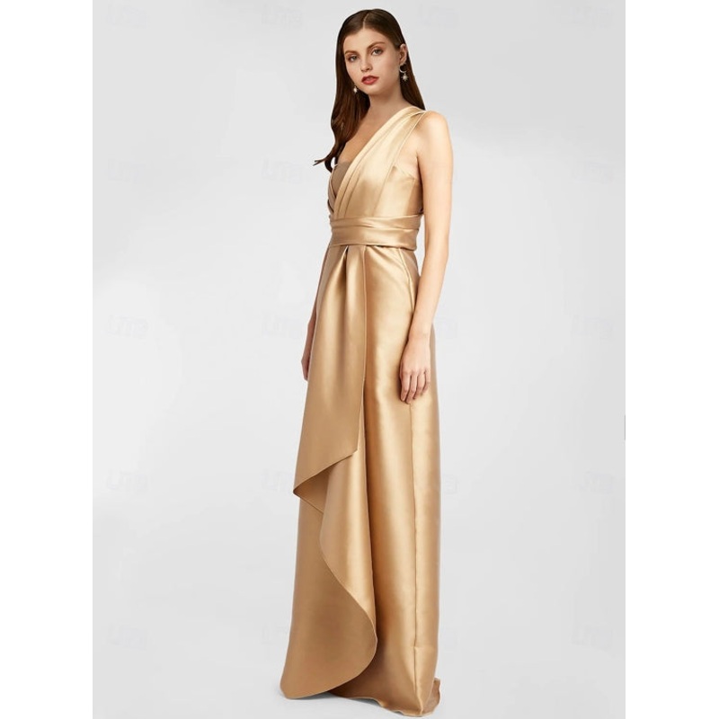 A-Line Evening Gown Formal Floor Length Sleeveless One Shoulder Pocket Satin with Ruffles