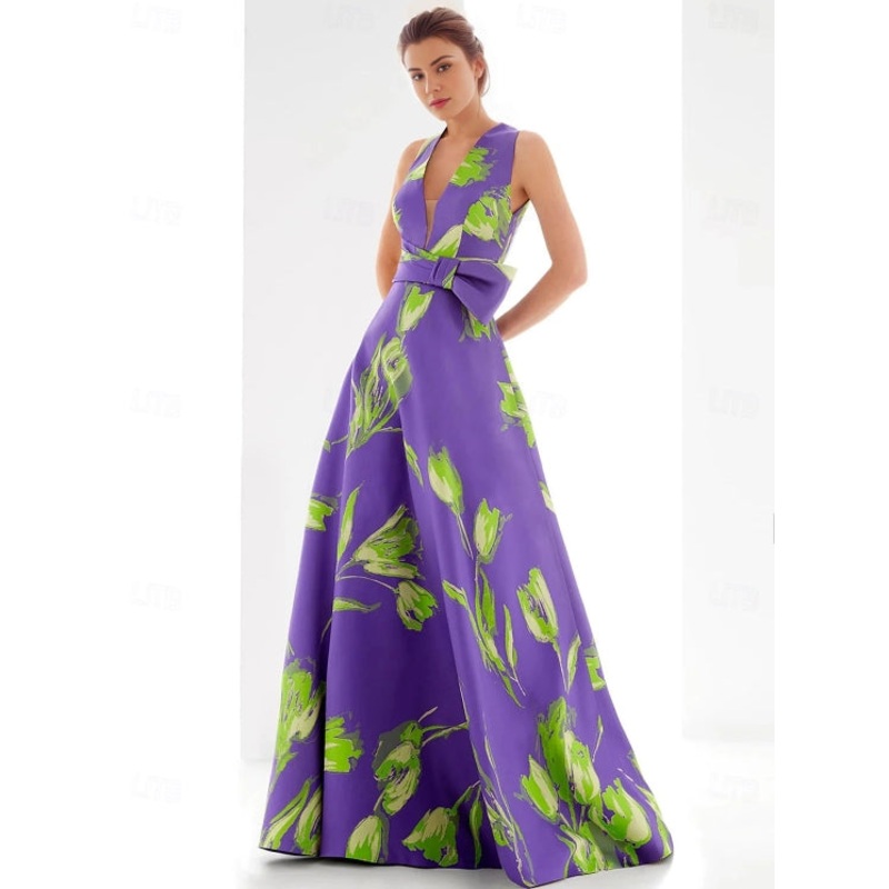 A-Line Evening Gown Formal Floor Length Sleeveless V Neck Satin with Floral Print Bow(s)