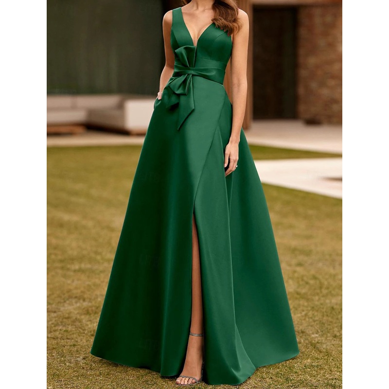 A-Line Evening Gown High Split Dress Formal Masquerade Floor Length Sleeveless V Neck Belt / Sash Satin with Bow(s) Slit