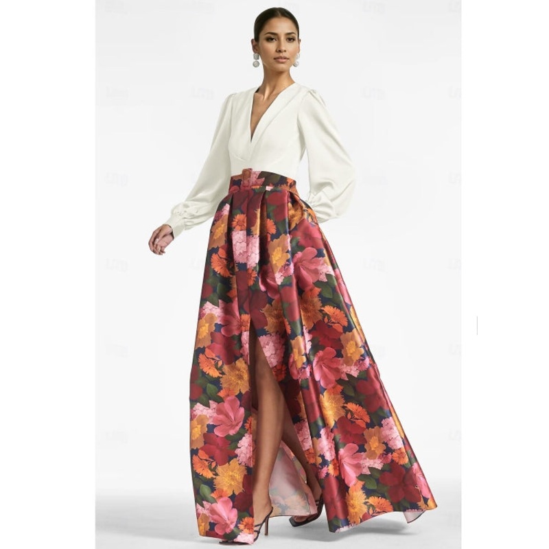 A-Line Evening Gown High Split Formal Wedding Guest Floor Length Long Sleeve V Neck Belt / Sash Satin with Floral Print