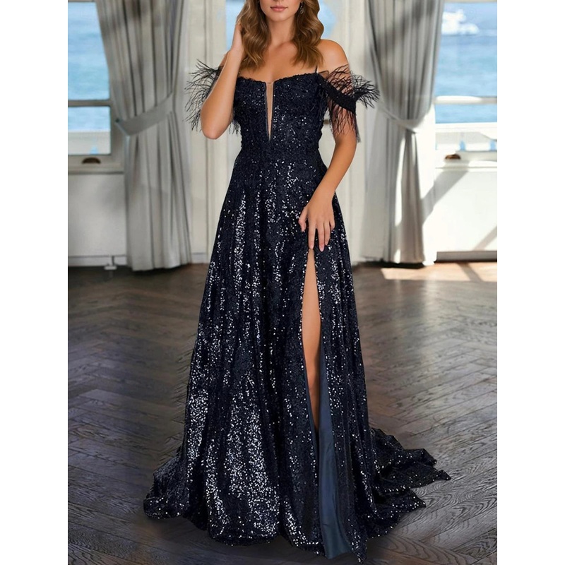 A-Line Evening Gown Wedding Floor Length Sleeveless V Neck Sequined with Pearls