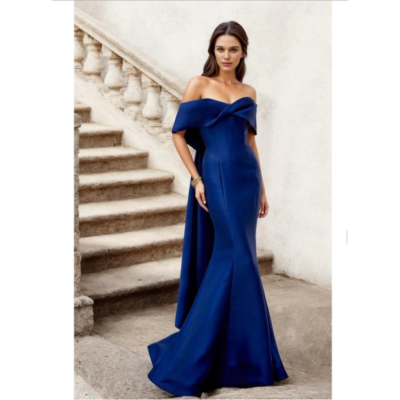 A-Line Evening Gown Wedding Guest Floor Length Short Sleeve V Neck Pocket Satin with Criss Cross