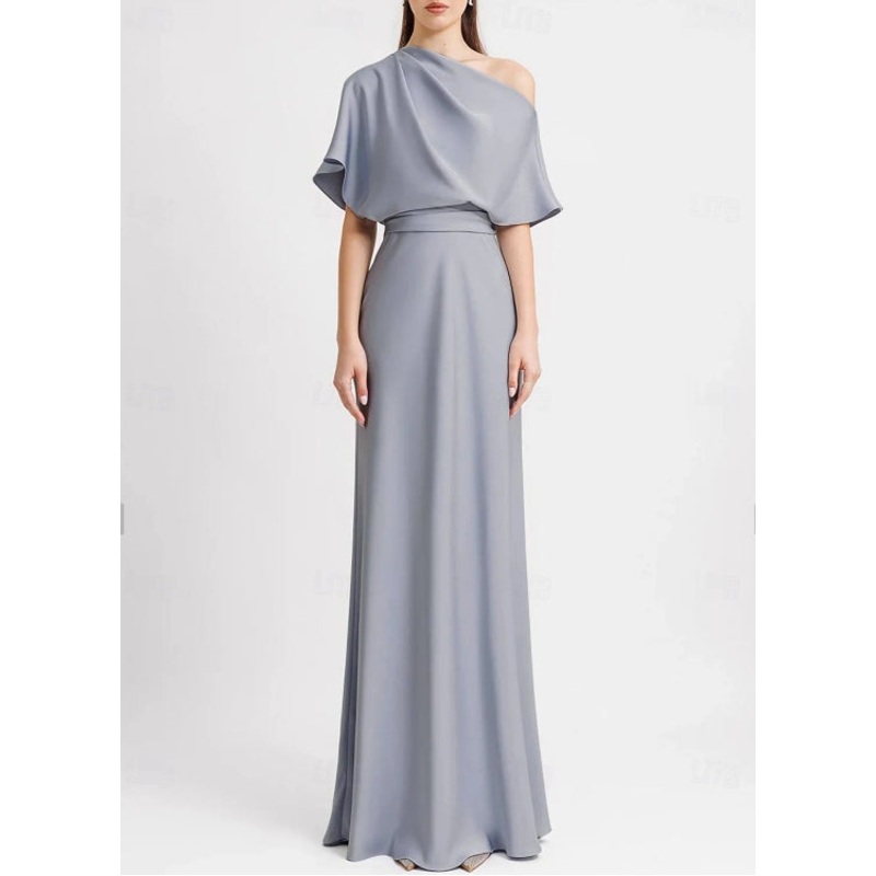 A-Line Evening Gown Wedding Guest Floor Length Sleeveless One Shoulder Satin with Pleats Butterfly