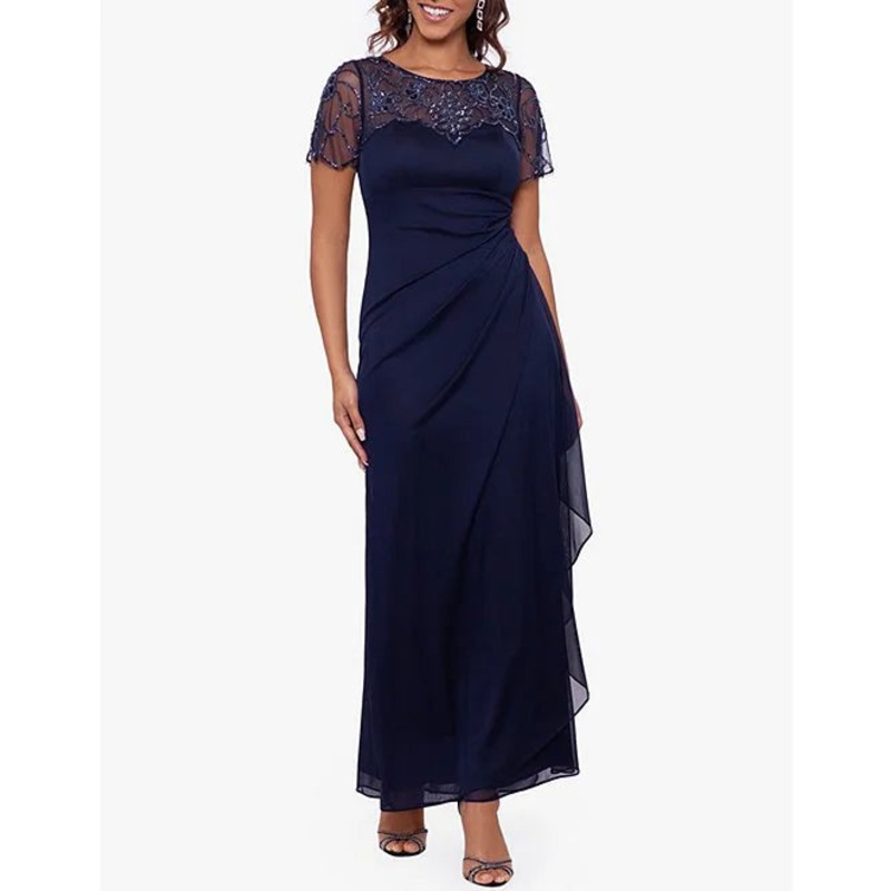 A-Line Illusion Boat Neck Short Sleeve Gown Mother of the Bride Dresse Cocktail Dresses